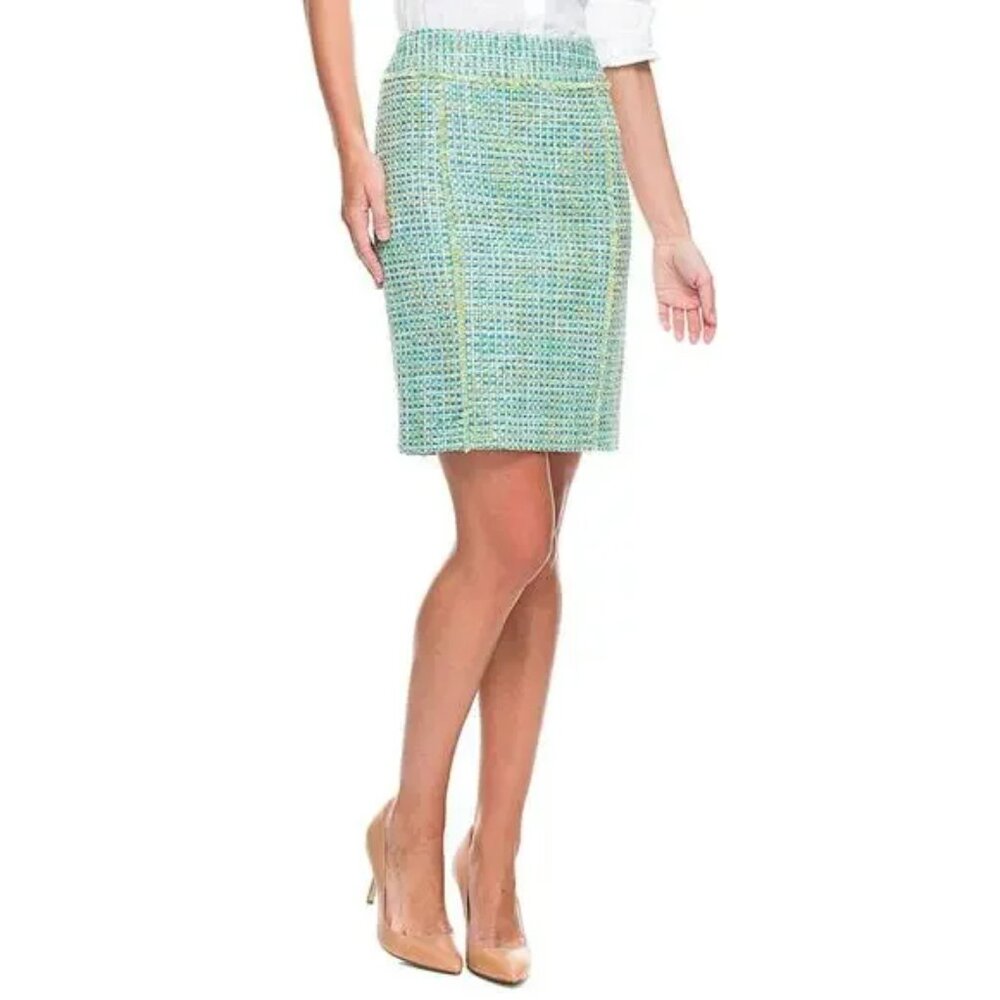 J. McLaughlin Tweed Pencil Skirt 8 Metallic Fringe Trim Office Career Preppy